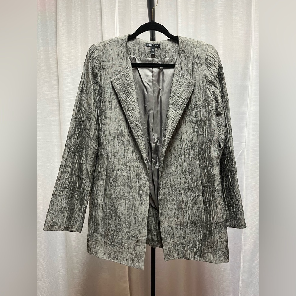 Eileen Fisher Rye Mirage Crinkle Jacquard Cotton Silk Long Jacket | size Small
